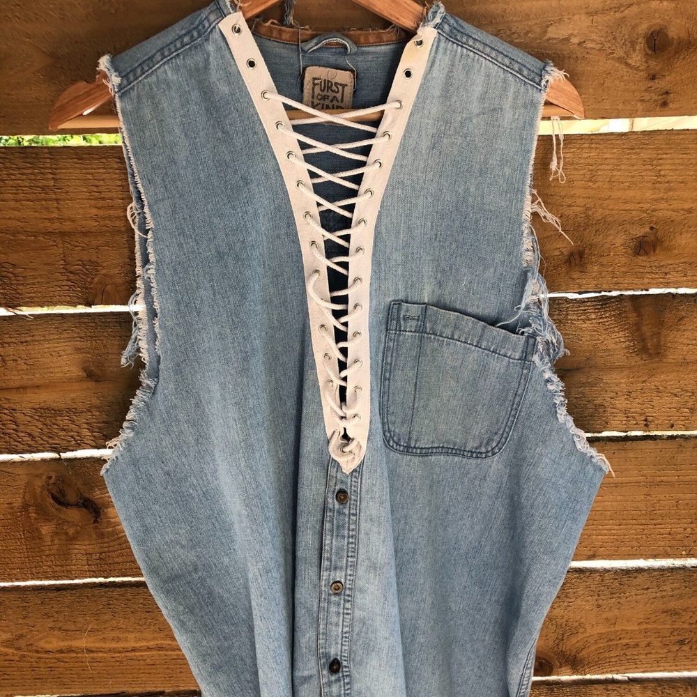 LF Light Blue Denim Lace-Up Sleeveless Top
